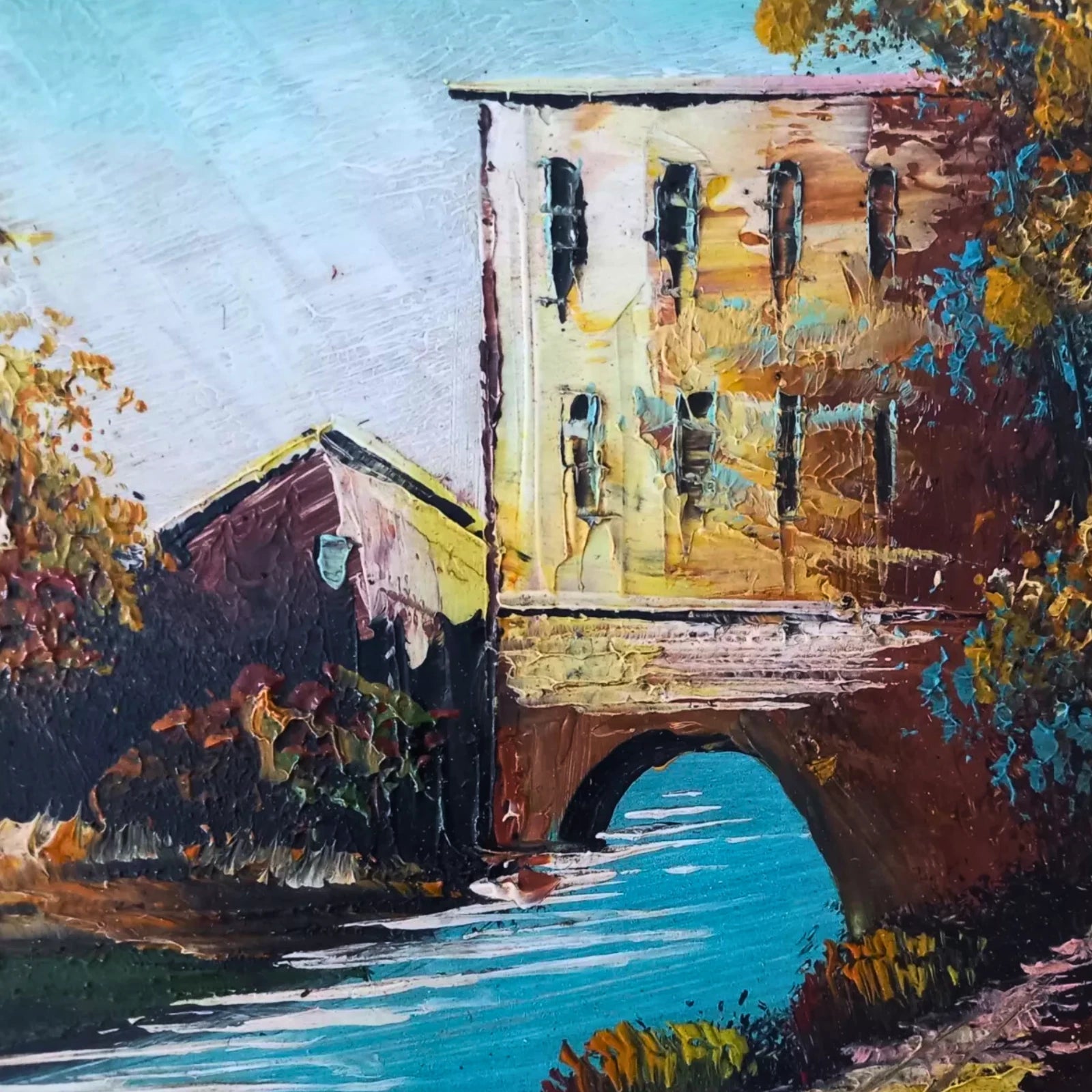 ORIGINAL Ölgemälde auf Karton inkl. Rahmen | Landschaft / Fluss / Natur | 27x23 cm | Vintage