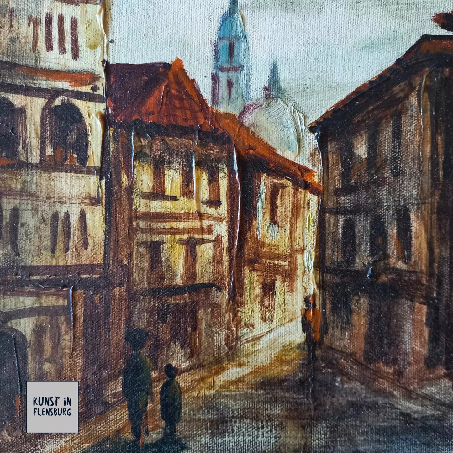 ORIGINAL Ölgemälde auf Leinwand inkl. Rahmen | Stadtansicht / Stadtszene mit Figuren | Signiert