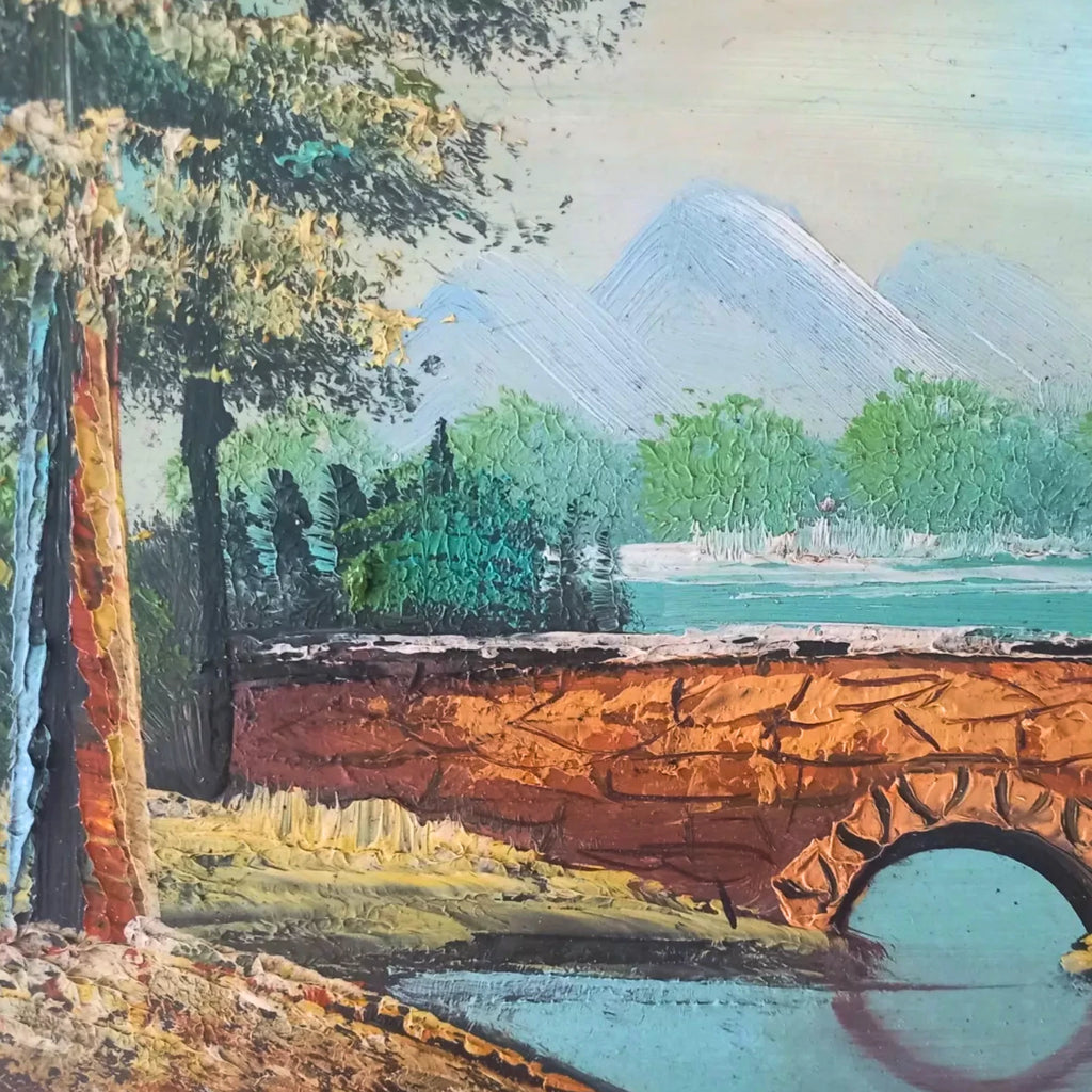 ORIGINAL Ölgemälde auf Karton inkl. Rahmen | Landschaft / Natur / Fluss | 27x23 cm | Vintage