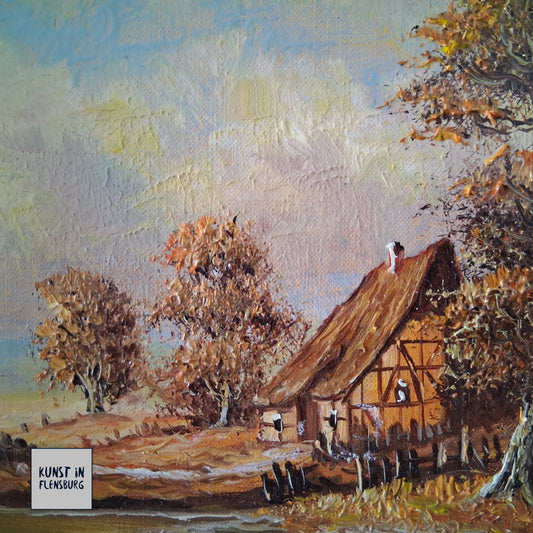 ORIGINAL Ölgemälde auf Karton inkl. Rahmen | Bauernhaus / Landschaft | 29x24 cm | Signiert
