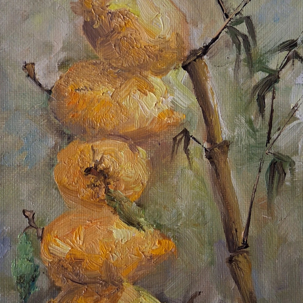 ORIGINAL Ölgemälde auf Karton | Zitronen und Bambus / Pflanzen | 13x18 cm | Signiert