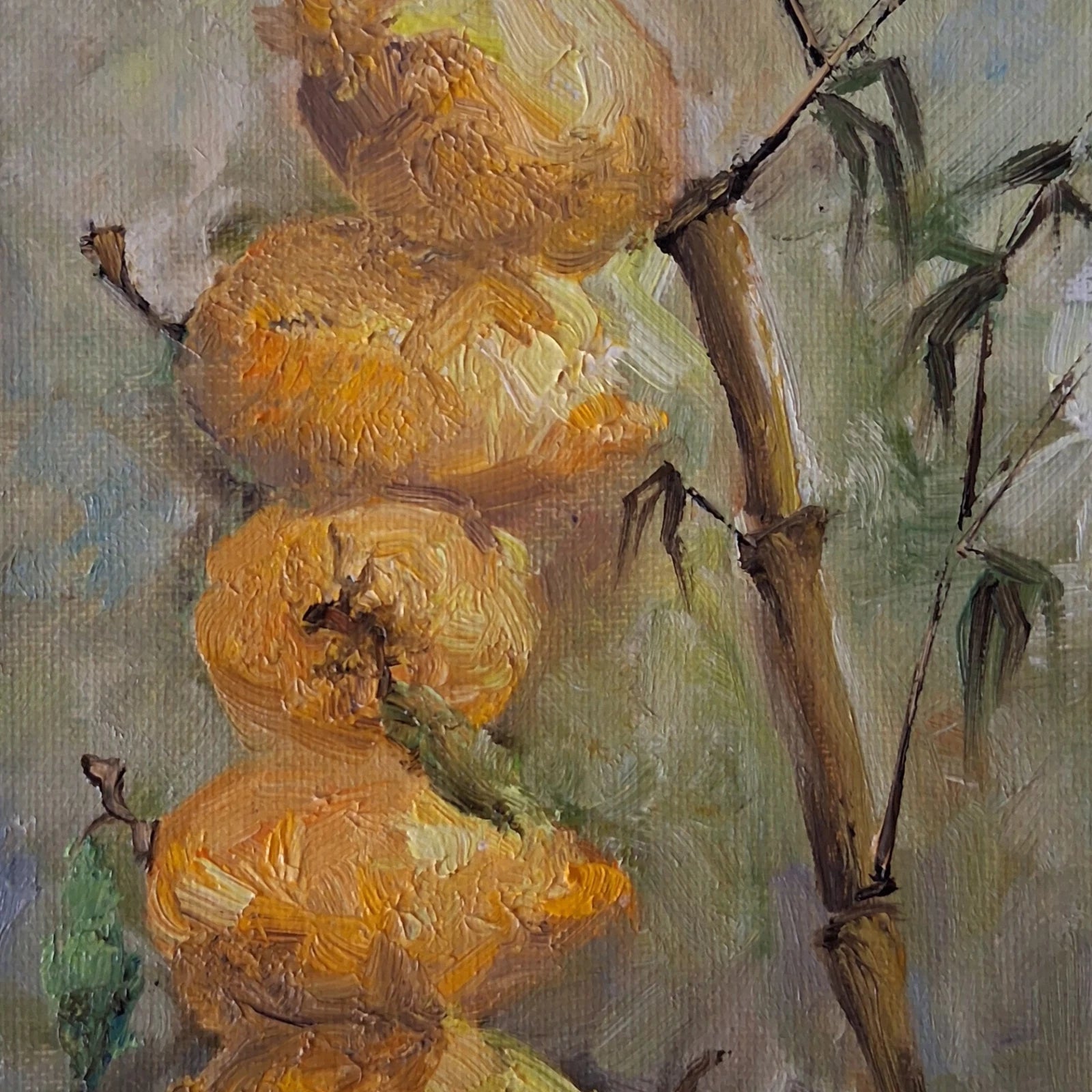 ORIGINAL Ölgemälde auf Karton | Zitronen und Bambus / Pflanzen | 13x18 cm | Signiert