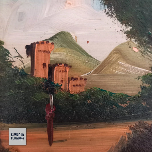 SELTENES KLEINES Ölgemälde auf Kupferplatte inkl. Rahmen | Landschaft / Burg / Italien | Signiert
