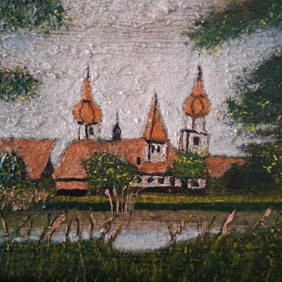Altes Ölgemälde handgemalt mit Holzrahmen | Blick auf Feuchtwangen | ORIGINAL & Signiert