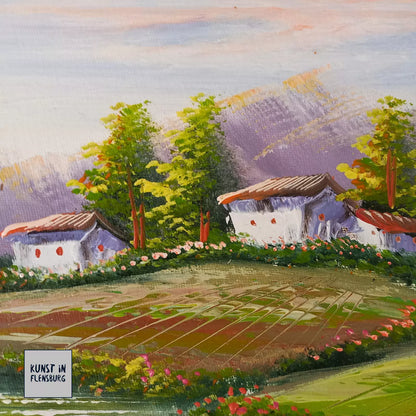 ORIGINAL Ölgemälde auf Leinwand inkl. Rahmen | Flusslandschaft / Berge | 38x33 cm | Signiert