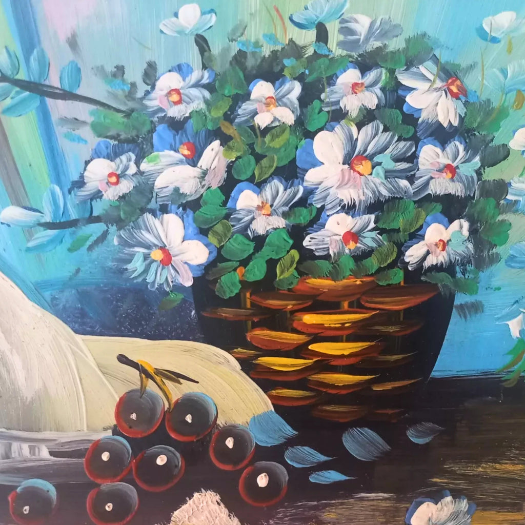 ORIGINAL Ölgemälde auf Karton inkl. Rahmen | Stillleben / Blumen / Obst | 27x23 cm | Vintage