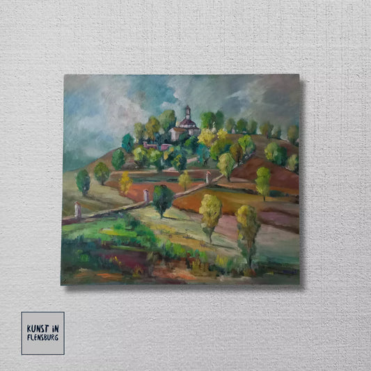 CARLES COMPTE (*1944) | Landschaft / Hügel / Kapelle | ORIGINAL Ölgemälde auf Holzplatte