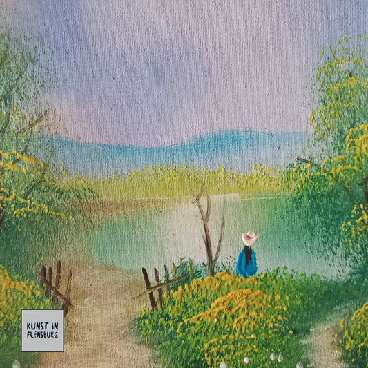 ORIGINAL Ölgemälde auf Leinwand inkl. Holzrahmen | Sommerlandschaft am See mit Figuren