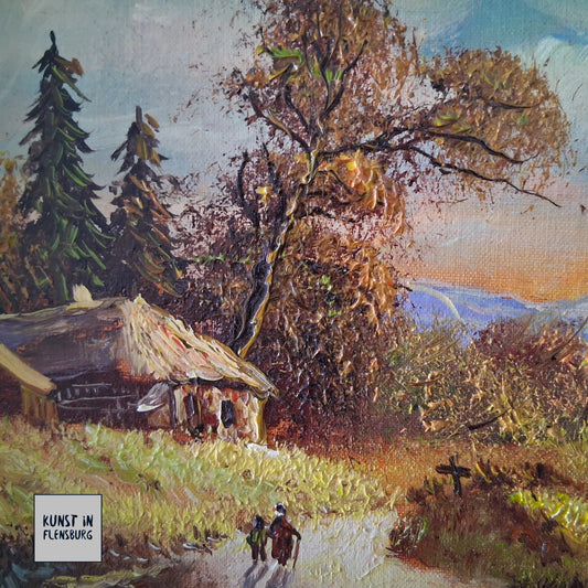 ORIGINAL Ölgemälde auf Karton inkl. Rahmen | Landschaft / Bauernhaus | 29x24 cm | Signiert