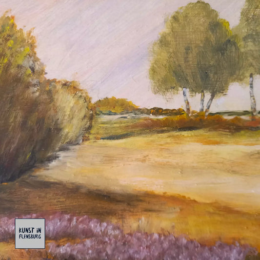 ORIGINAL Ölgemälde auf Karton inkl. Rahmen | Heidelandschaft | 28x22 cm | Signiert: NAST