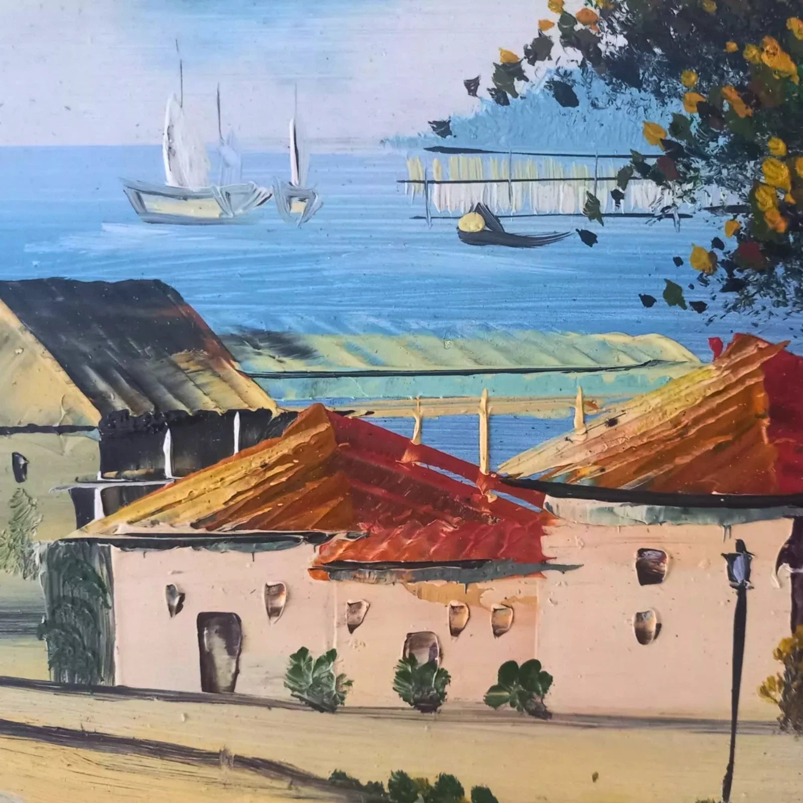 ORIGINAL Ölgemälde auf Karton inkl. Rahmen | Landschaft / Küste / Meer | 27x23 cm | Vintage