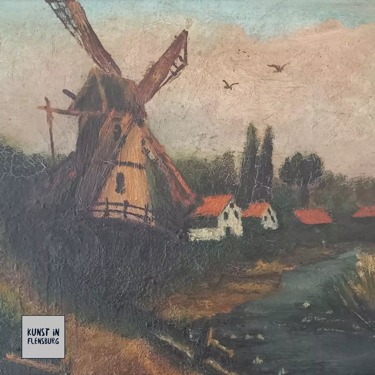 ORIGINAL Ölgemälde auf Leinwand inkl. Rahmen | Landschaft / Windmühle | 44x34 cm | Signiert