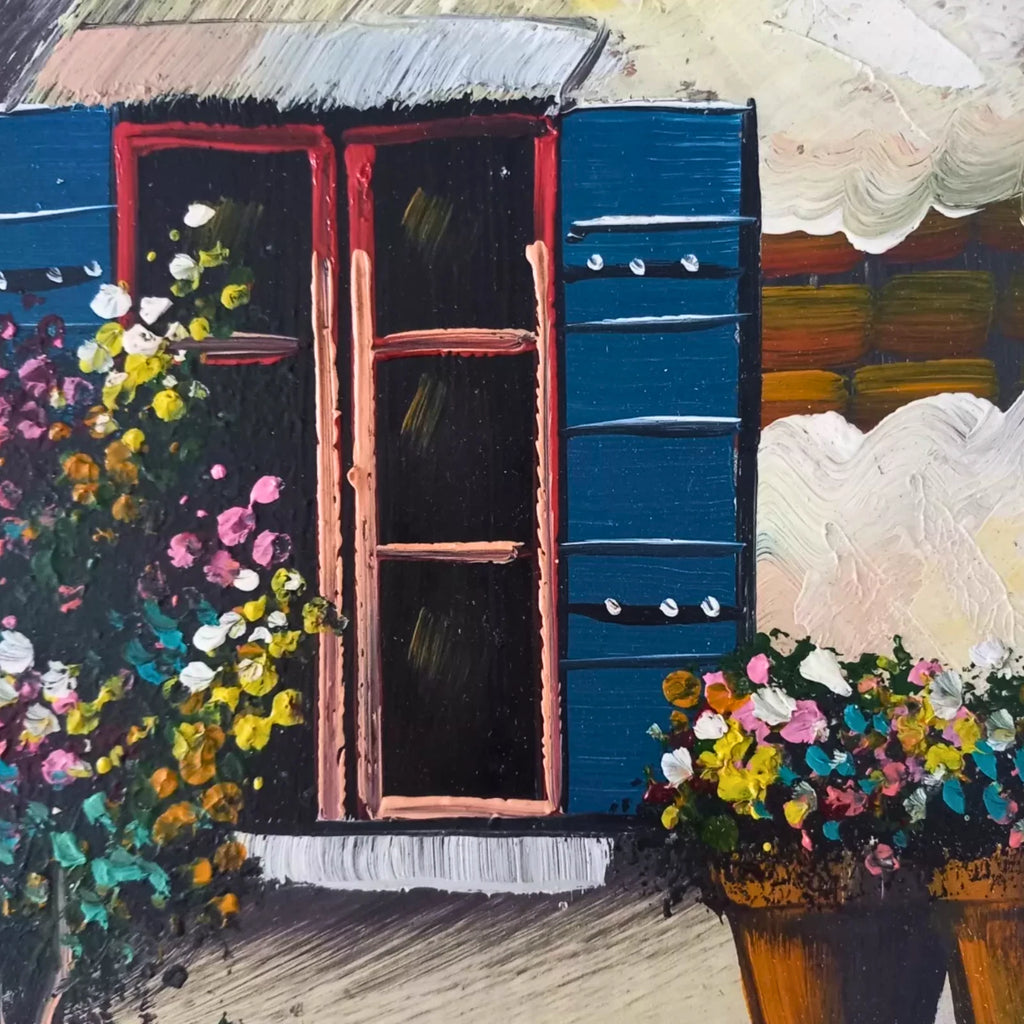 ORIGINAL Ölgemälde auf Karton inkl. Rahmen | Blumen vor dem Fenster | 23x27 cm | Vintage