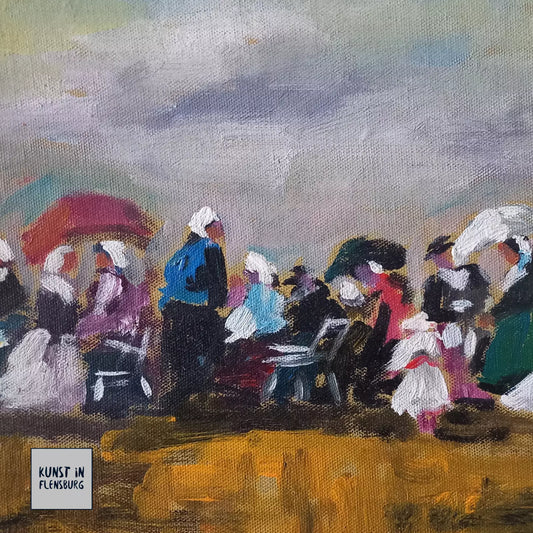 ORIGINAL Ölgemälde auf Karton inkl. Rahmen | Picknick am Strand / Abstrakt / Figuren | Signiert