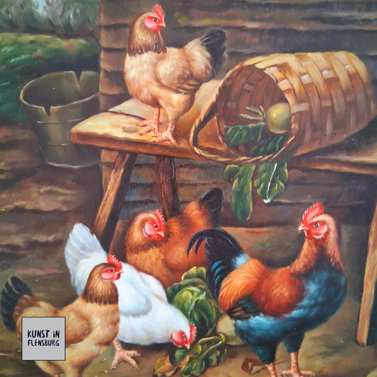 ORIGINAL Ölgemälde auf Holzplatte inkl. Rahmen | Hühnerstall / Bauernhof | Signiert: K. Koll