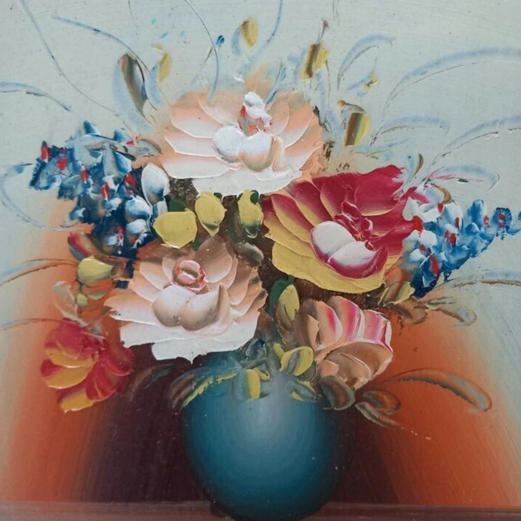 ORIGINAL Ölgemälde auf Karton inkl. Rahmen | Stillleben / Blumenvase | 22x26 cm | Vintage
