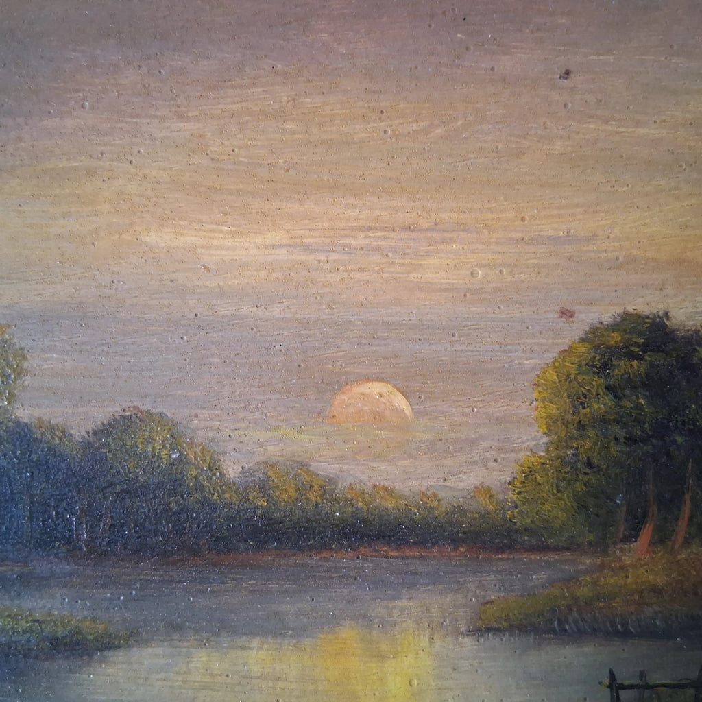 ORIGINAL Ölgemälde auf Holzplatte inkl. Rahmen | Romantische Seenlandschaft | 24x19 cm | Signiert