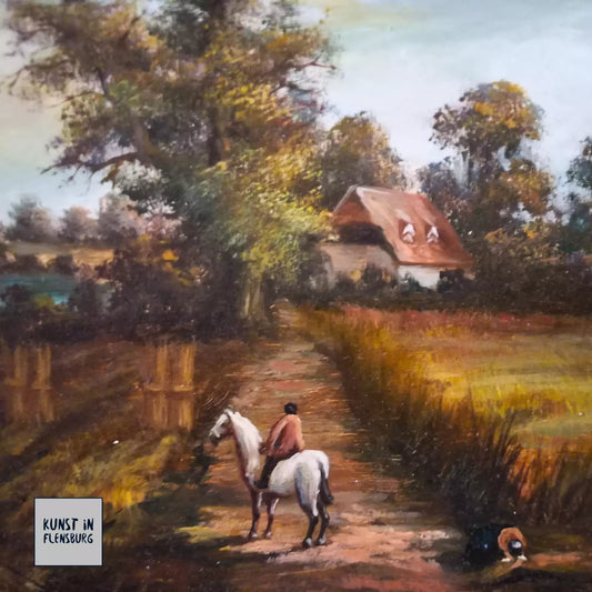 ORIGINAL Ölgemälde auf Holzplatte inkl. Rahmen | Reiter mit Pferd / Bauernhaus / Natur | 31x26 cm