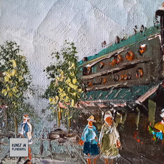 ORIGINAL Ölgemälde auf Leinwand inkl. Rahmen | Stadtszene / Stadtbild mit Figuren | 26x21 cm