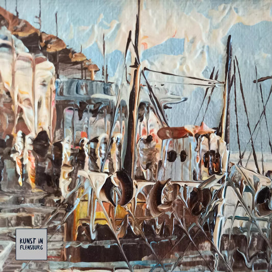 ORIGINAL Ölgemälde auf Karton | Fischerboote im Hafen | 19x14 cm | Signiert: N. JONES