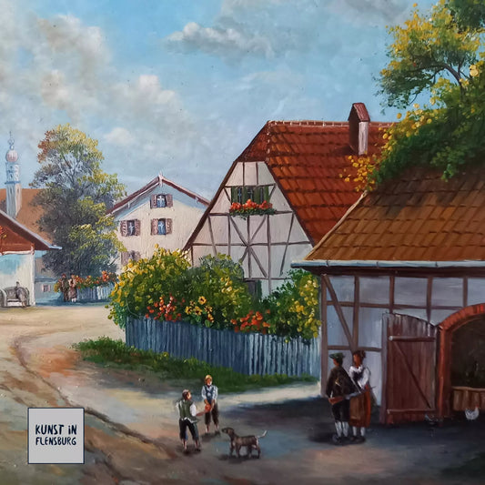 ORIGINAL Ölgemälde auf Holzplatte inkl. antikem Rahmen | Fachwerkhäuser / Dorfleben | Signiert