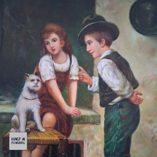 ORIGINAL Ölgemälde auf Holzplatte | Kinder mit Hund / Portrait | 20x25 cm | Signiert: JAMES