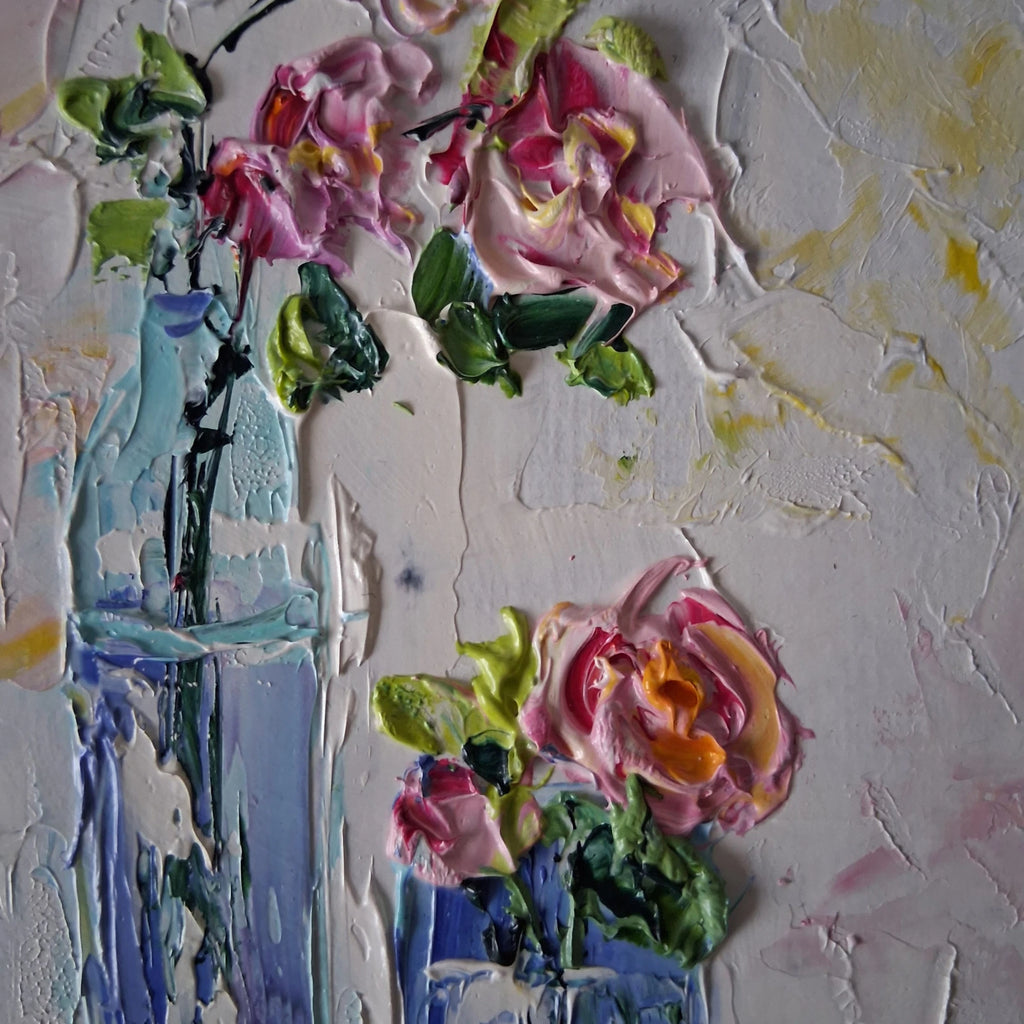 ORIGINAL Ölgemälde auf Karton | Stillleben / Rosen im Glas / Blumenvase | 10x15 cm | Signiert