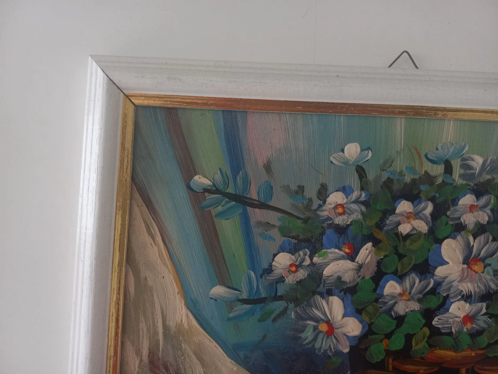 ORIGINAL Ölgemälde auf Karton inkl. Rahmen | Stillleben / Blumen / Obst | 27x23 cm | Vintage
