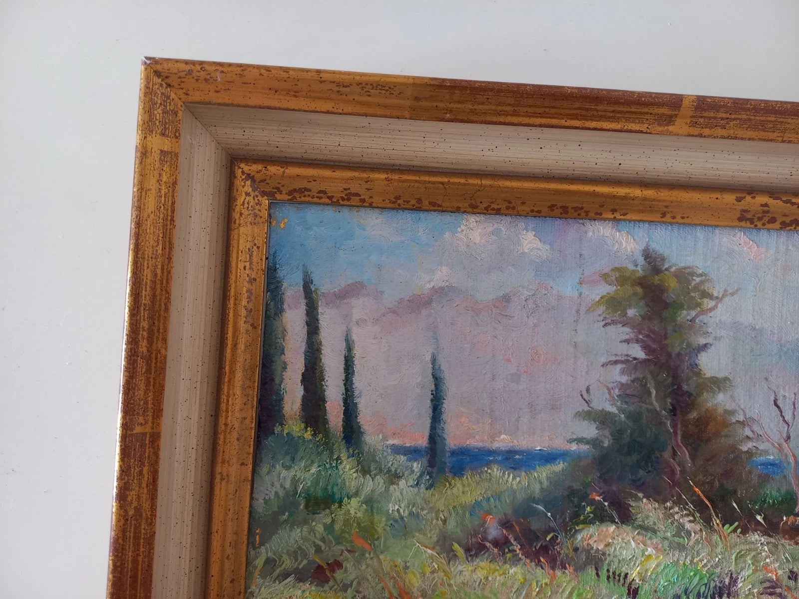 ORIGINAL Ölgemälde auf Karton inkl. Rahmen | Farnlandschaft / Natur | 33x28 cm | Signiert