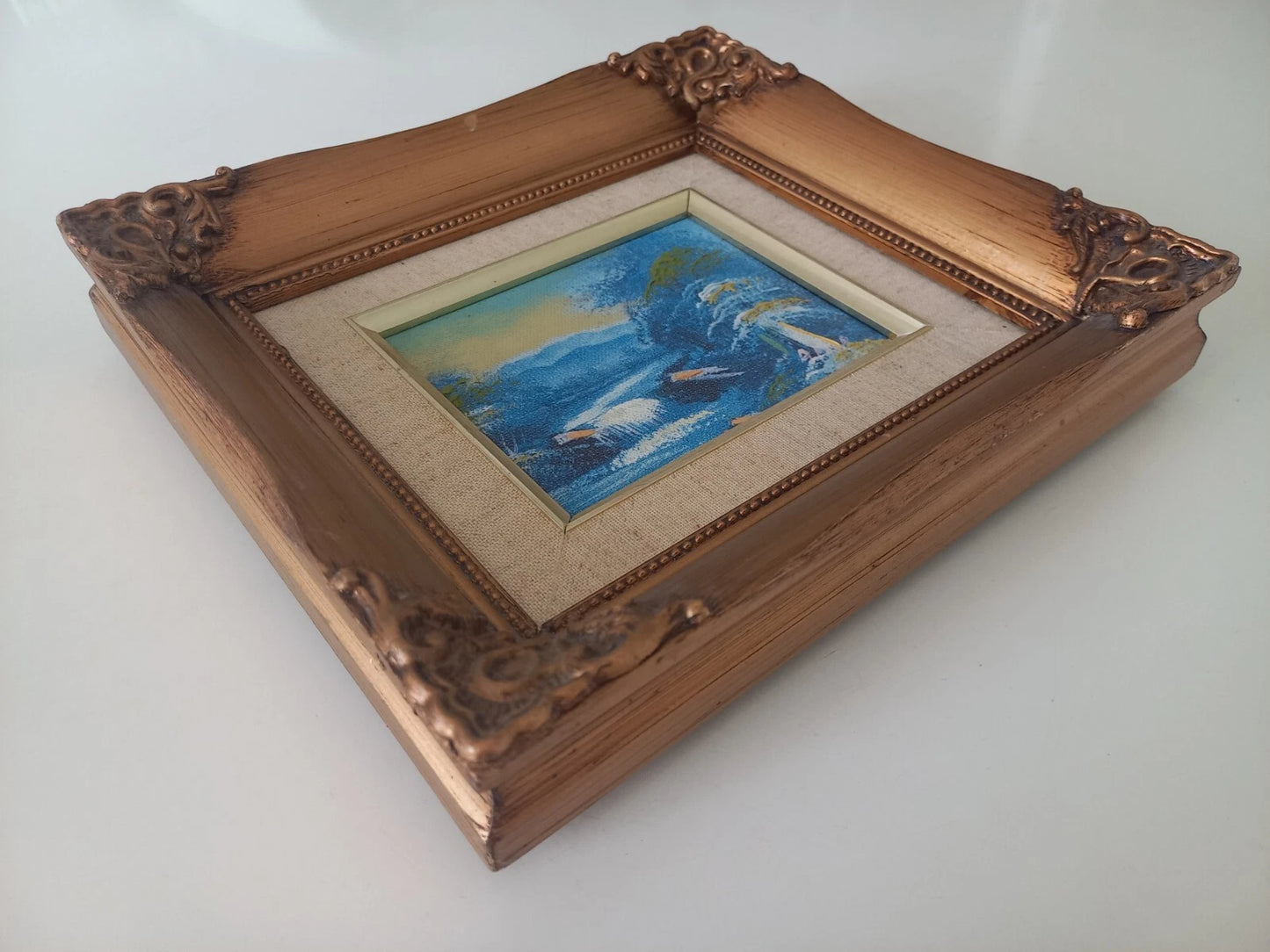 ORIGINAL Ölgemälde auf Leinwand inkl. Rahmen | Berglandschaft / Natur / Fluss | 23x20 cm