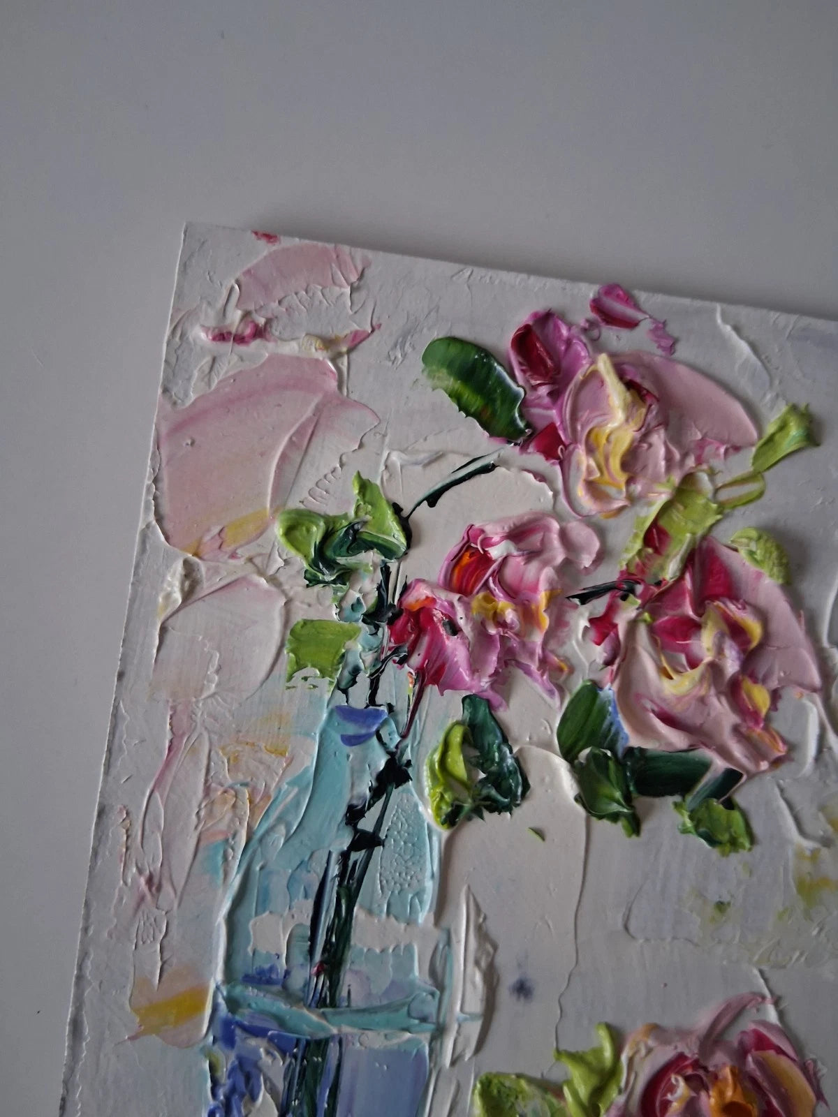 ORIGINAL Ölgemälde auf Karton | Stillleben / Rosen im Glas / Blumenvase | 10x15 cm | Signiert