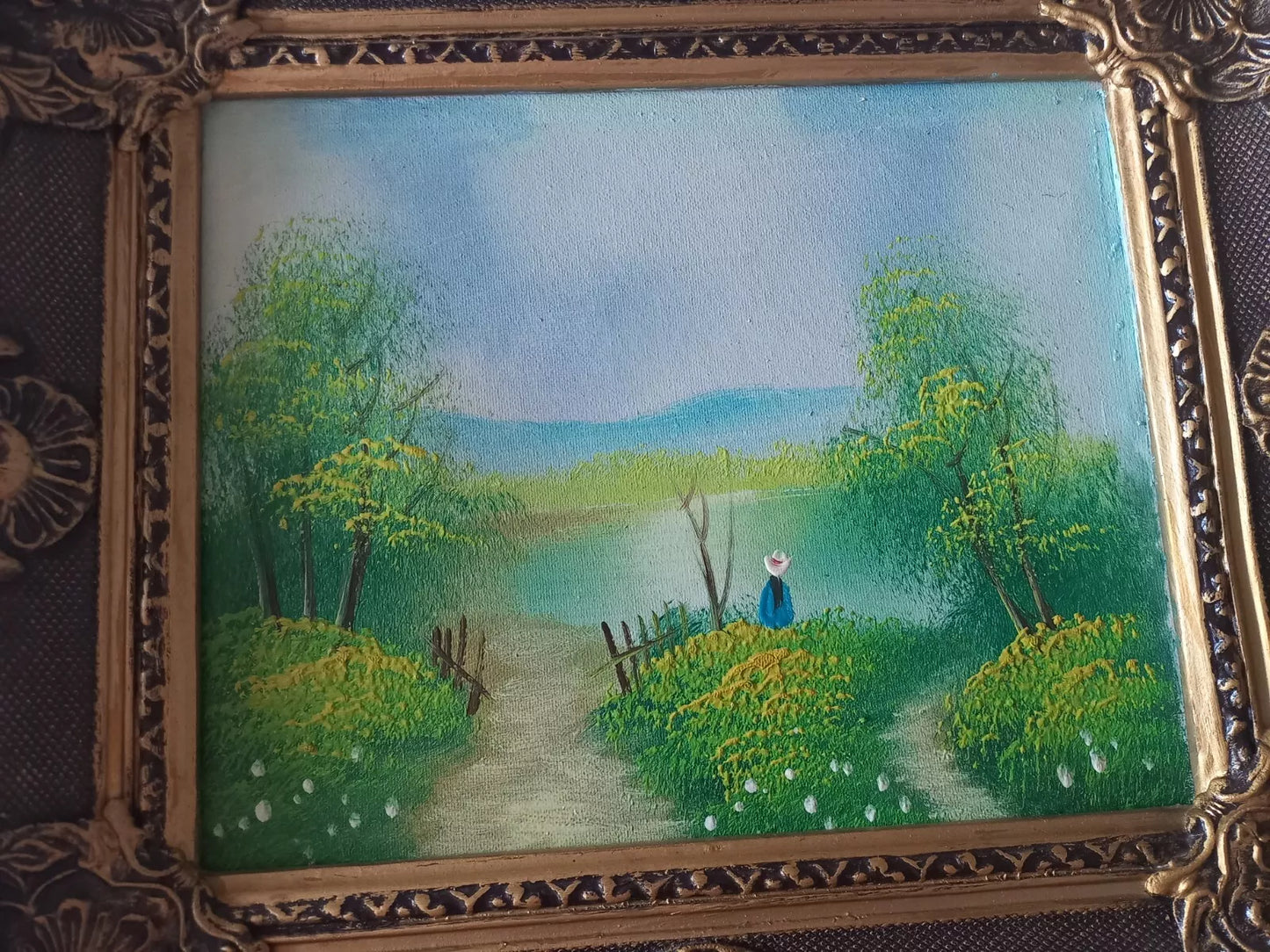 ORIGINAL Ölgemälde auf Leinwand inkl. Holzrahmen | Sommerlandschaft am See mit Figuren
