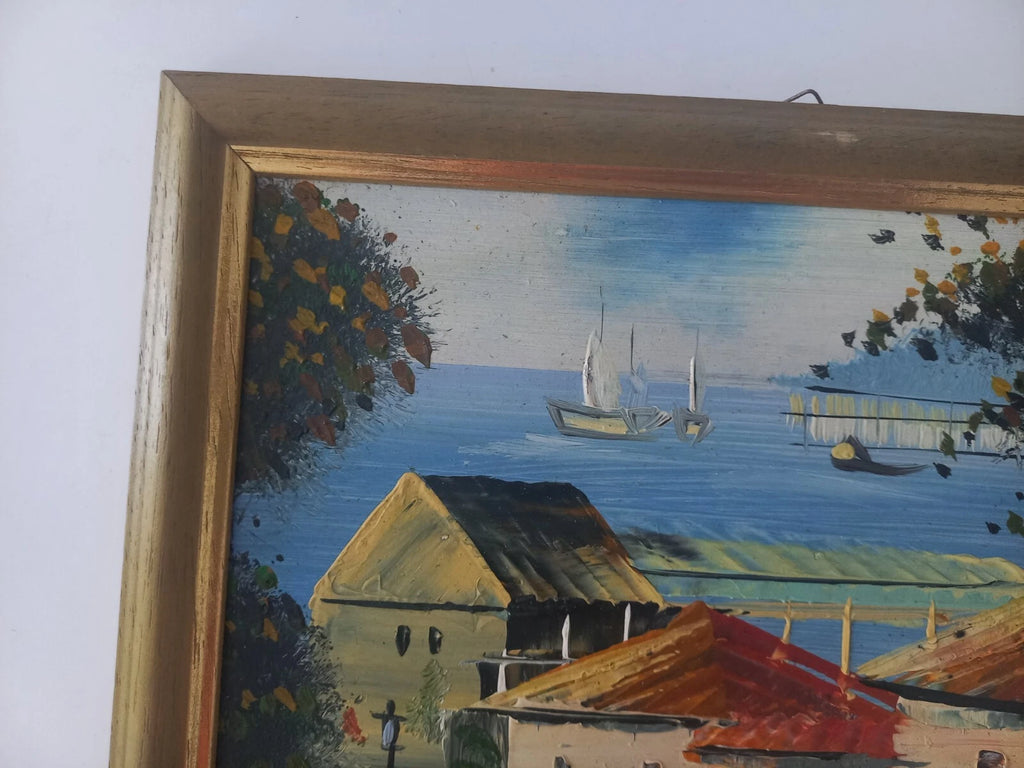 ORIGINAL Ölgemälde auf Karton inkl. Rahmen | Landschaft / Küste / Meer | 27x23 cm | Vintage