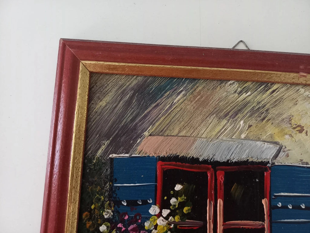 ORIGINAL Ölgemälde auf Karton inkl. Rahmen | Blumen vor dem Fenster | 23x27 cm | Vintage