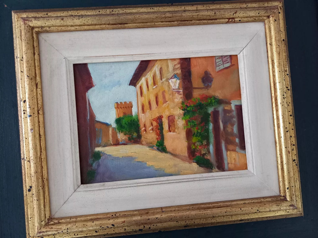 ORIGINAL Ölgemälde auf Karton inkl. Rahmen | Stadtansicht mit Burgturm | 39x35 cm