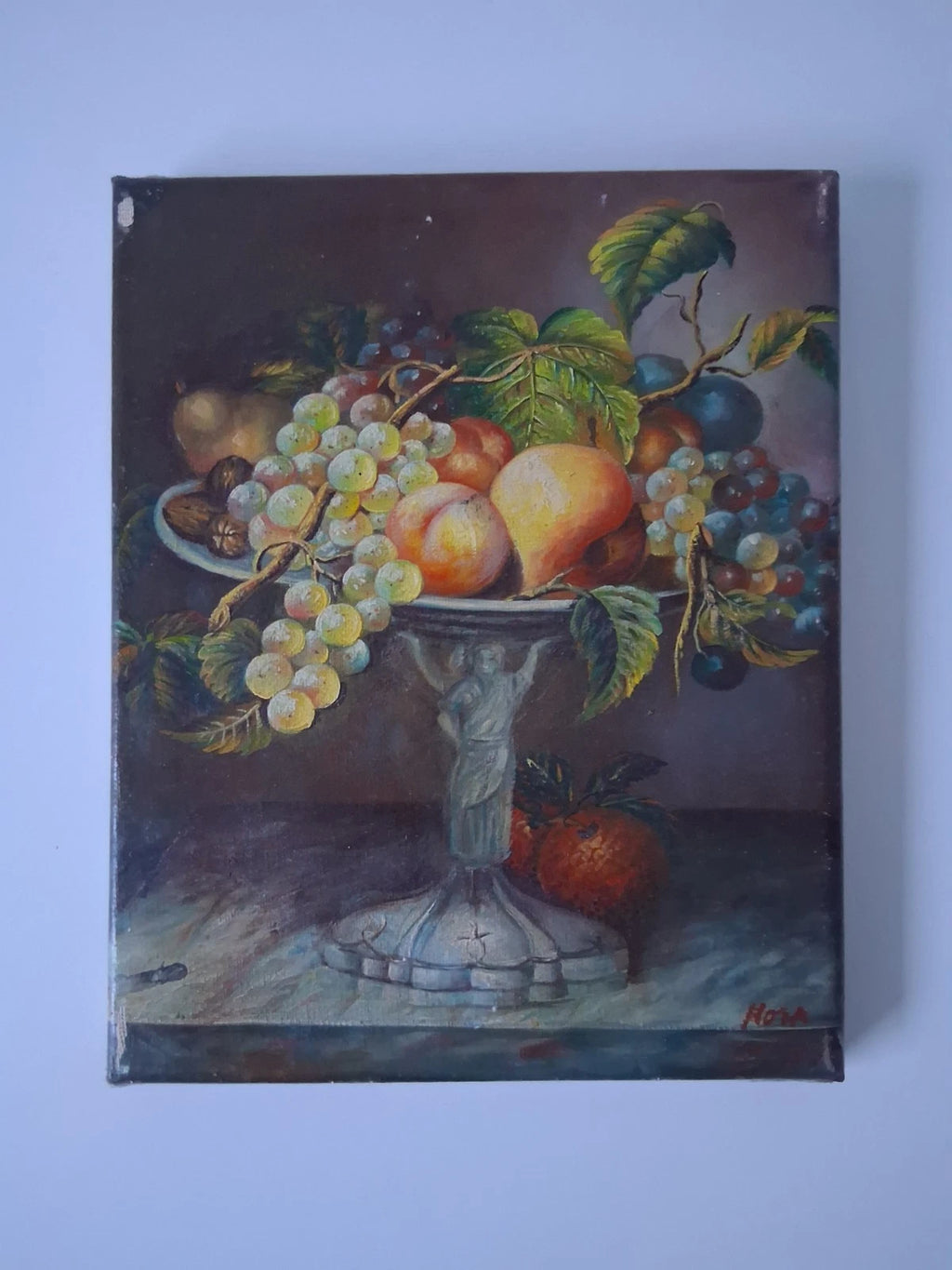 ORIGINAL Ölgemälde auf Leinwand | Stillleben / Obstschale / Weintrauben | 20x25 cm | Signiert