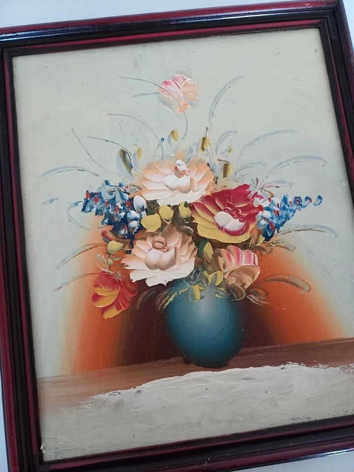 ORIGINAL Ölgemälde auf Karton inkl. Rahmen | Stillleben / Blumenvase | 22x26 cm | Vintage