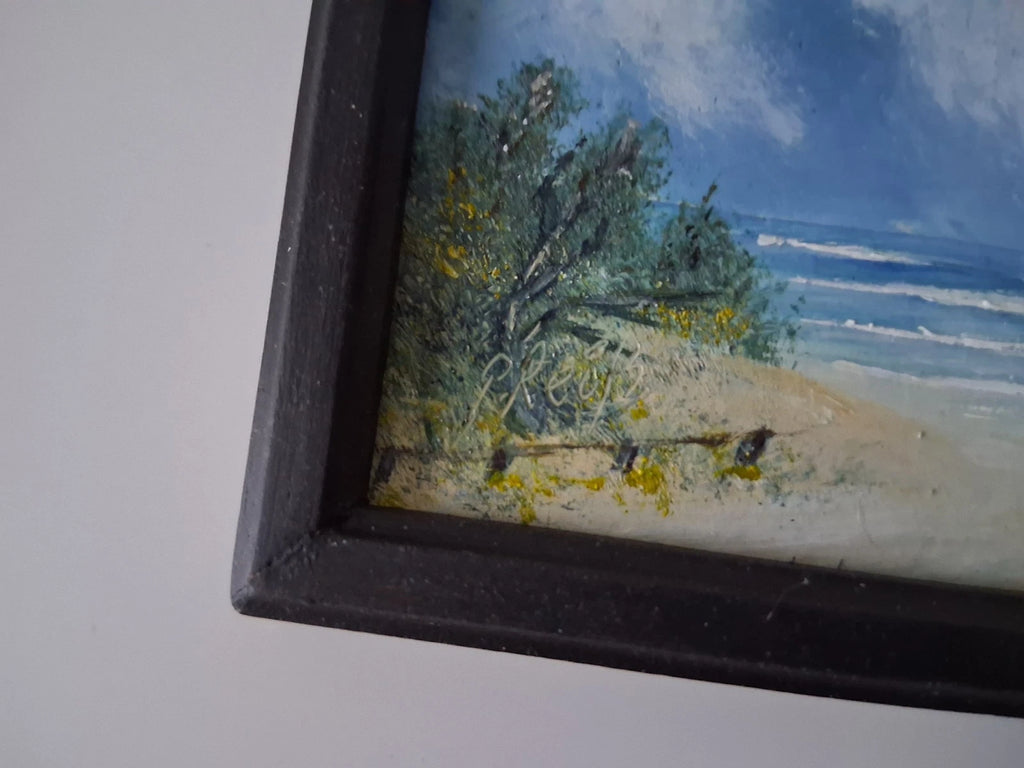 KLEINES ORIGINAL Ölgemälde auf Karton inkl. Rahmen | Strand / Küste / Meer | 13x6 cm | Signiert
