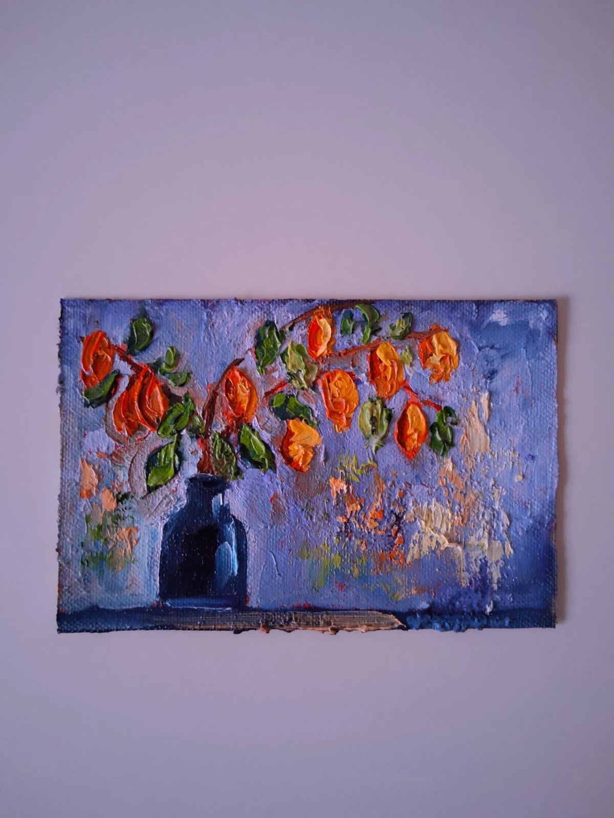ORIGINAL Ölgemälde auf Leinwand | Stillleben / Physalis / Blumenvase | 15x10 cm | Signiert