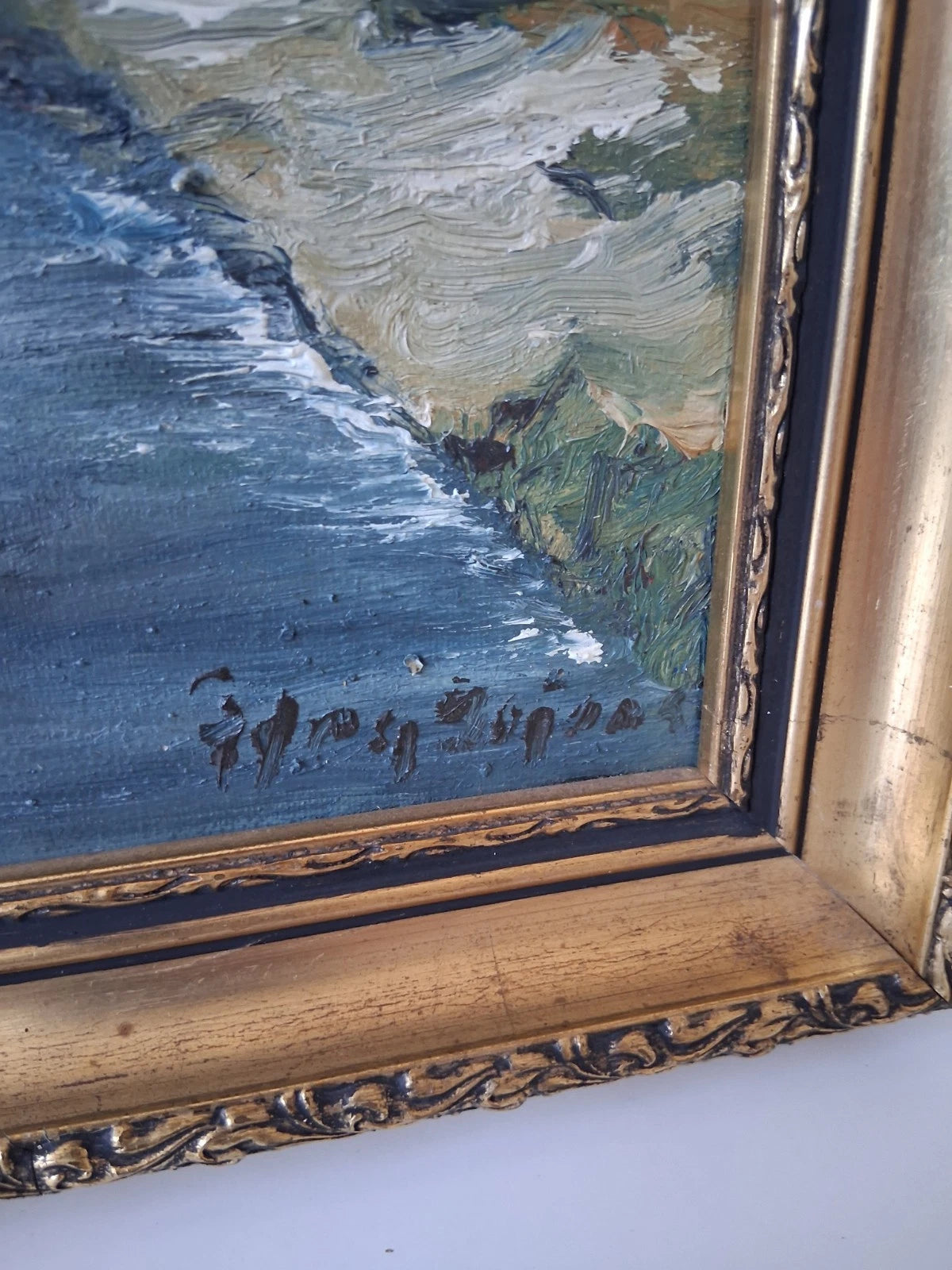 ORIGINAL Ölgemälde auf Leinwand inkl. antikem Rahmen | Flusslandschaft | 36x36 cm | Signiert