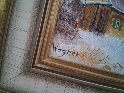 ORIGINAL Ölgemälde auf Karton inkl. Rahmen | Bauernhaus / Winterlandschaft mit Figur | Signiert