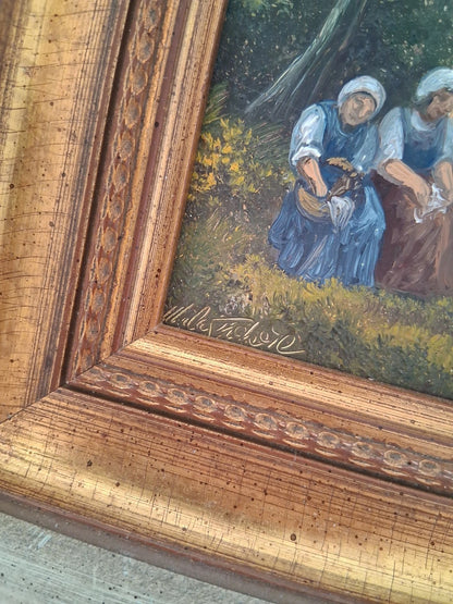 ORIGINAL Ölgemälde auf Holzplatte inkl. Rahmen | Landwirtschaft / Heuernte / Figuren | Signiert