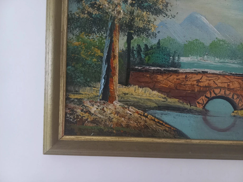 ORIGINAL Ölgemälde auf Karton inkl. Rahmen | Landschaft / Natur / Fluss | 27x23 cm | Vintage