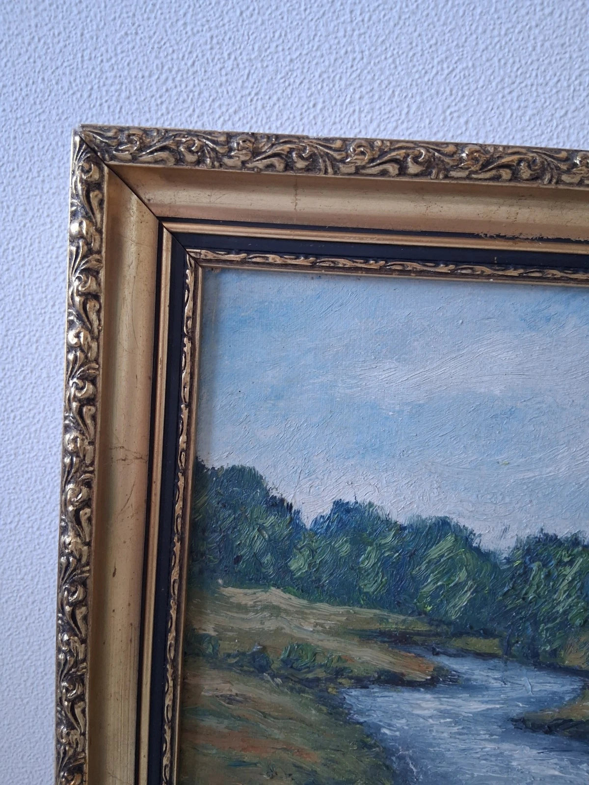 ORIGINAL Ölgemälde auf Leinwand inkl. antikem Rahmen | Flusslandschaft | 36x36 cm | Signiert