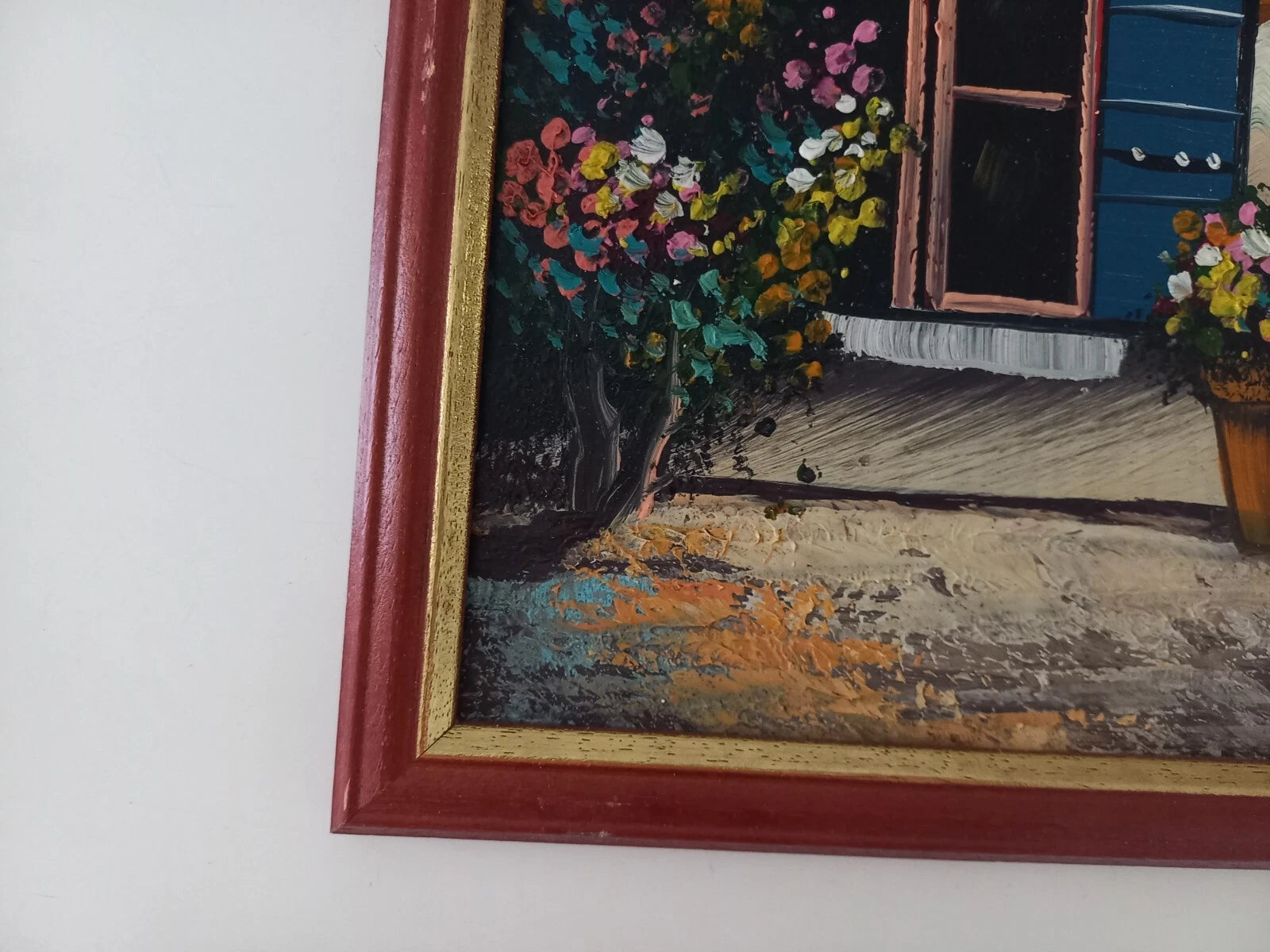 ORIGINAL Ölgemälde auf Karton inkl. Rahmen | Blumen vor dem Fenster | 23x27 cm | Vintage