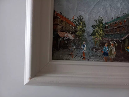 ORIGINAL Ölgemälde auf Leinwand inkl. Rahmen | Stadtszene / Stadtbild mit Figuren | 26x21 cm