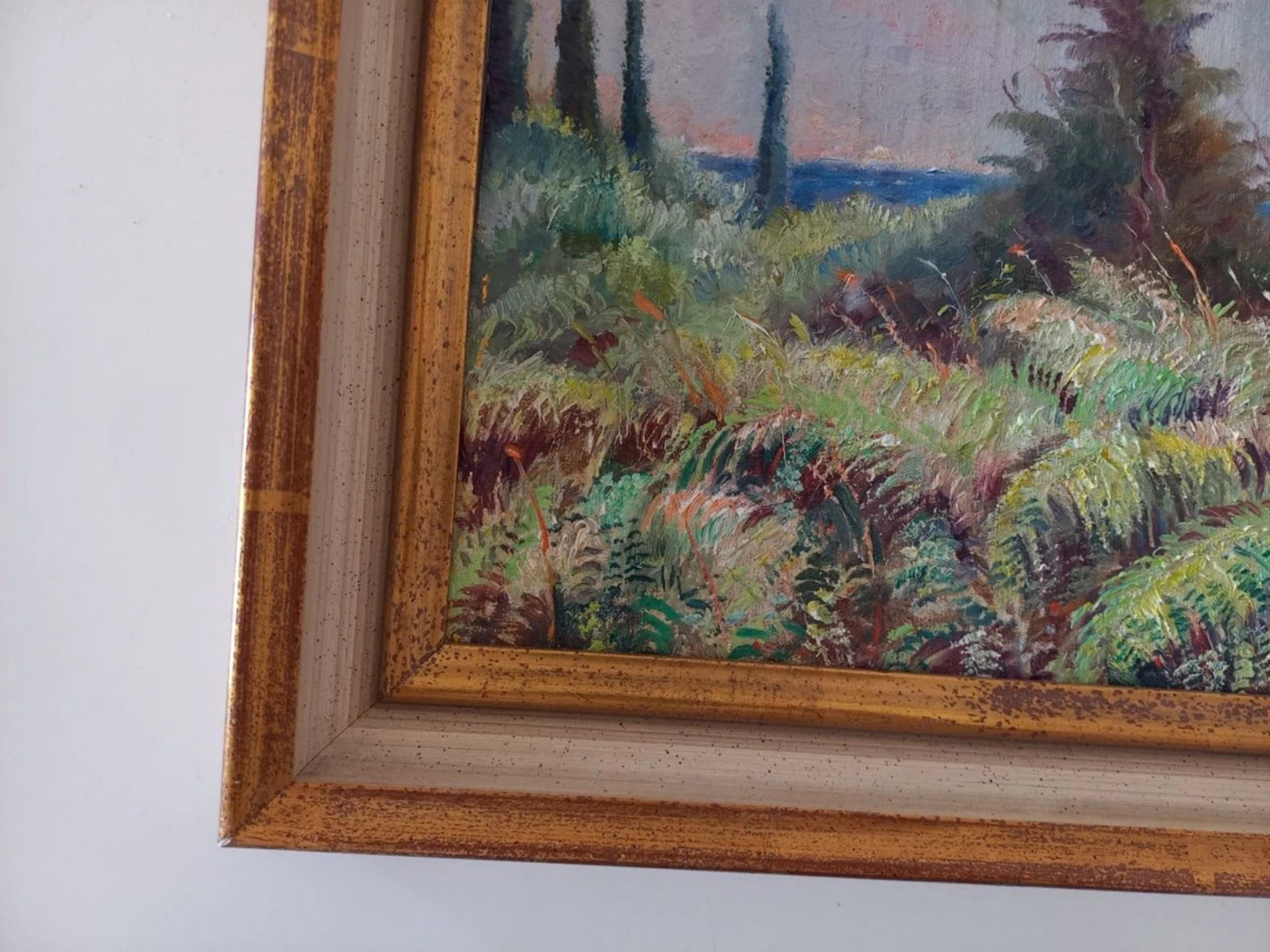 ORIGINAL Ölgemälde auf Karton inkl. Rahmen | Farnlandschaft / Natur | 33x28 cm | Signiert