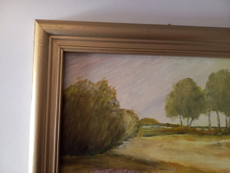 ORIGINAL Ölgemälde auf Karton inkl. Rahmen | Heidelandschaft | 28x22 cm | Signiert: NAST