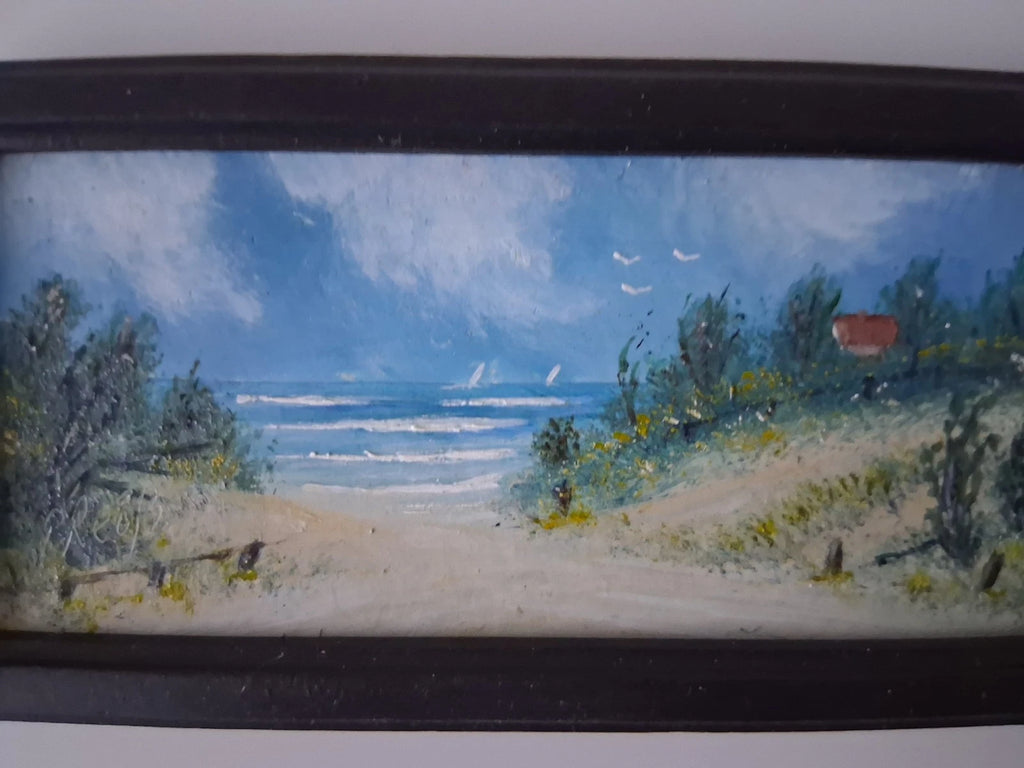 KLEINES ORIGINAL Ölgemälde auf Karton inkl. Rahmen | Strand / Küste / Meer | 13x6 cm | Signiert