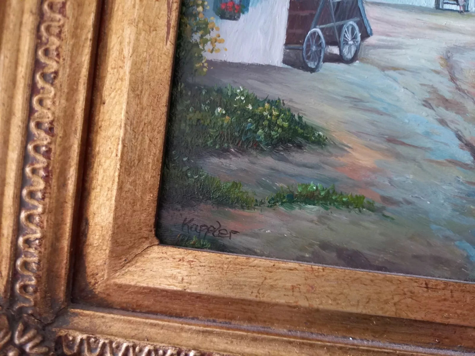 ORIGINAL Ölgemälde auf Holzplatte inkl. antikem Rahmen | Fachwerkhäuser / Dorfleben | Signiert